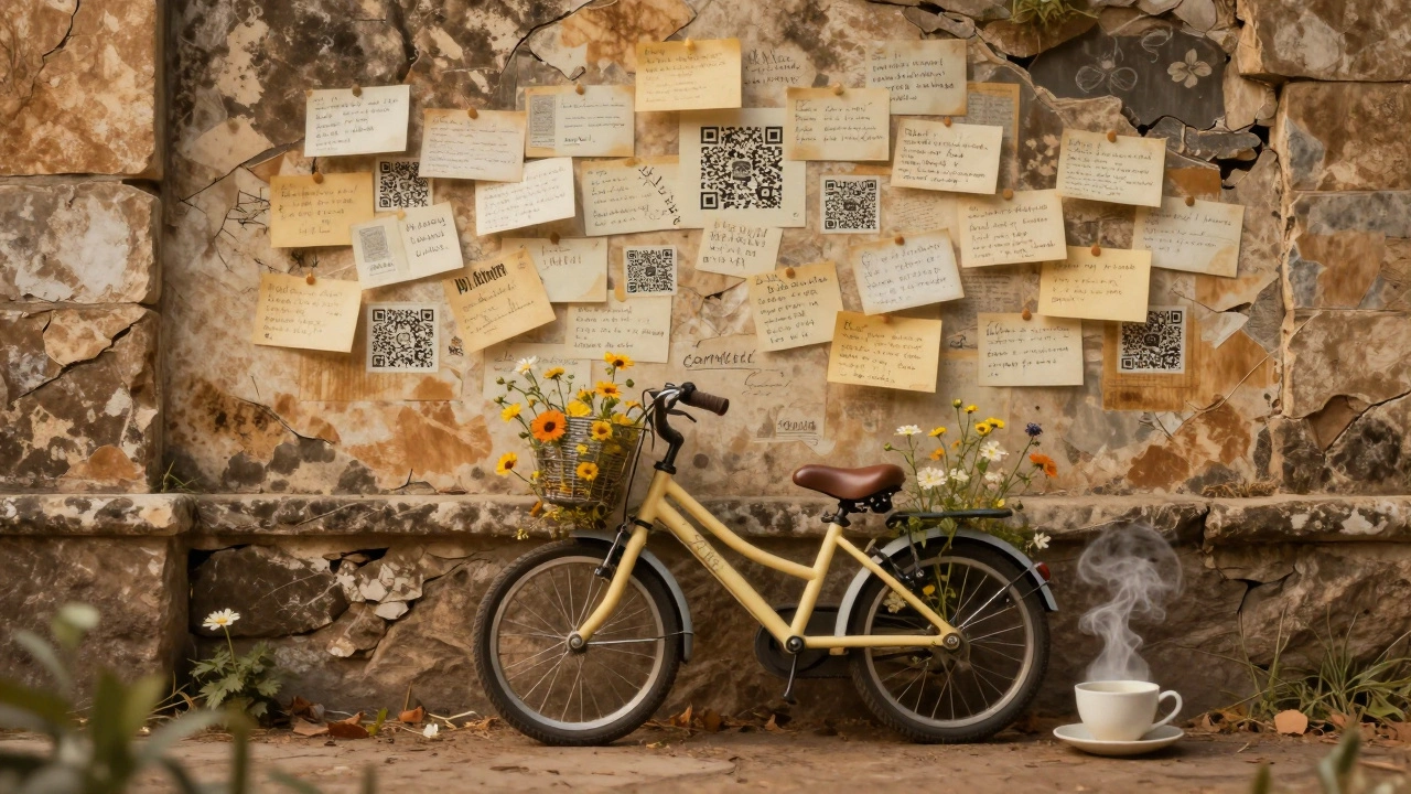 A broken wall covered in voice recording codes, a child&#039;s bicycle blooming with wildflowers, and a steaming teacup sit beneath it.