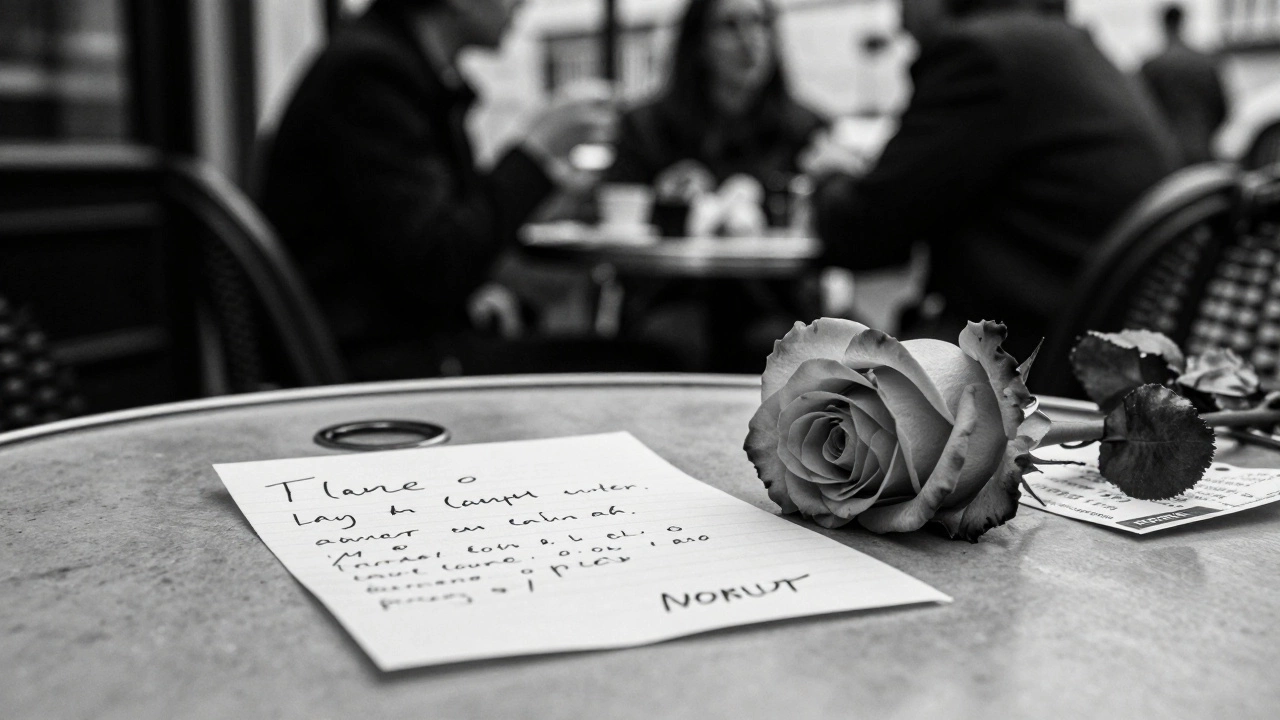 A handwritten note and rose left on a café table in Montmartre, hinting at a quiet human connection.
