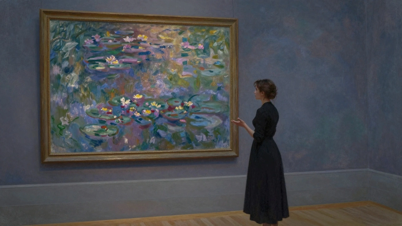 A visitor and companion admiring a Monet painting in the empty Musée d’Orsay after hours.