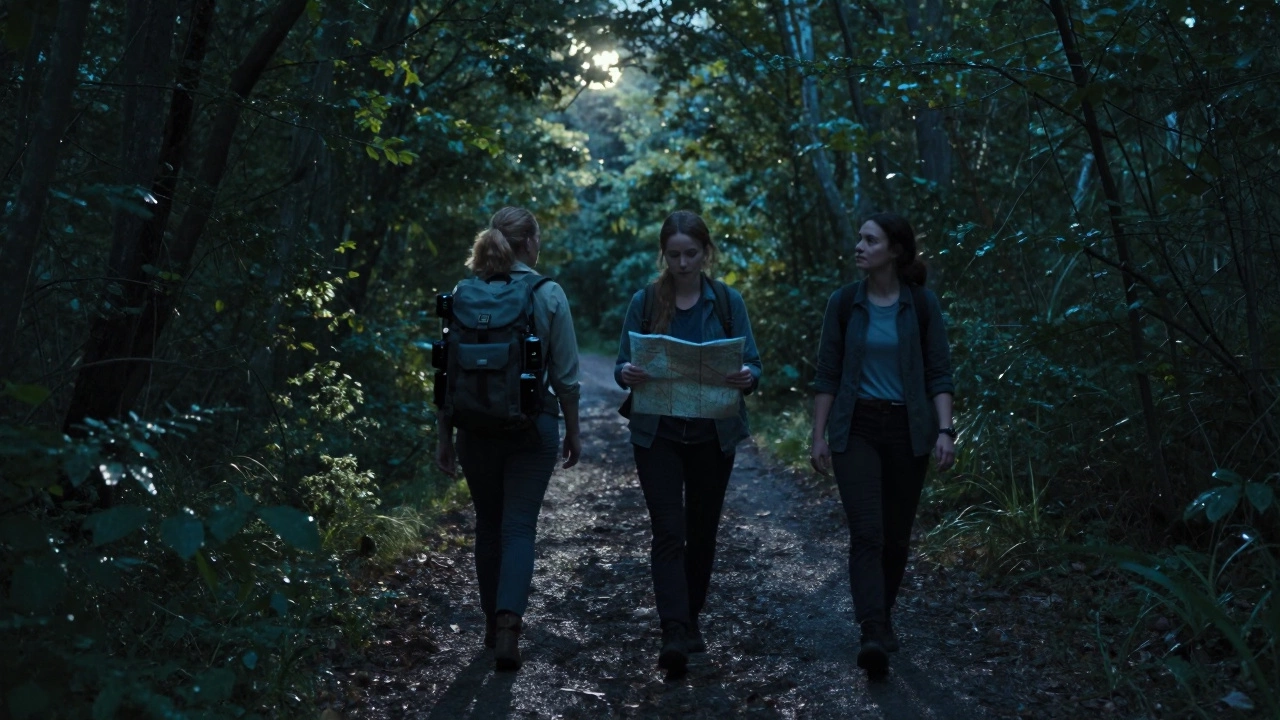 Three women move silently through a forest at twilight, carrying hidden recording devices and a hand-drawn map.
